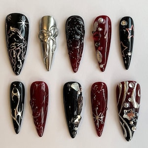 Luxury Black 3D Press On Nails | Red Press On Nails with Unique Design Nail Art | Y2k, Goth, Gothic Nails| Acrylic Nails Gift For Mom|JC248A