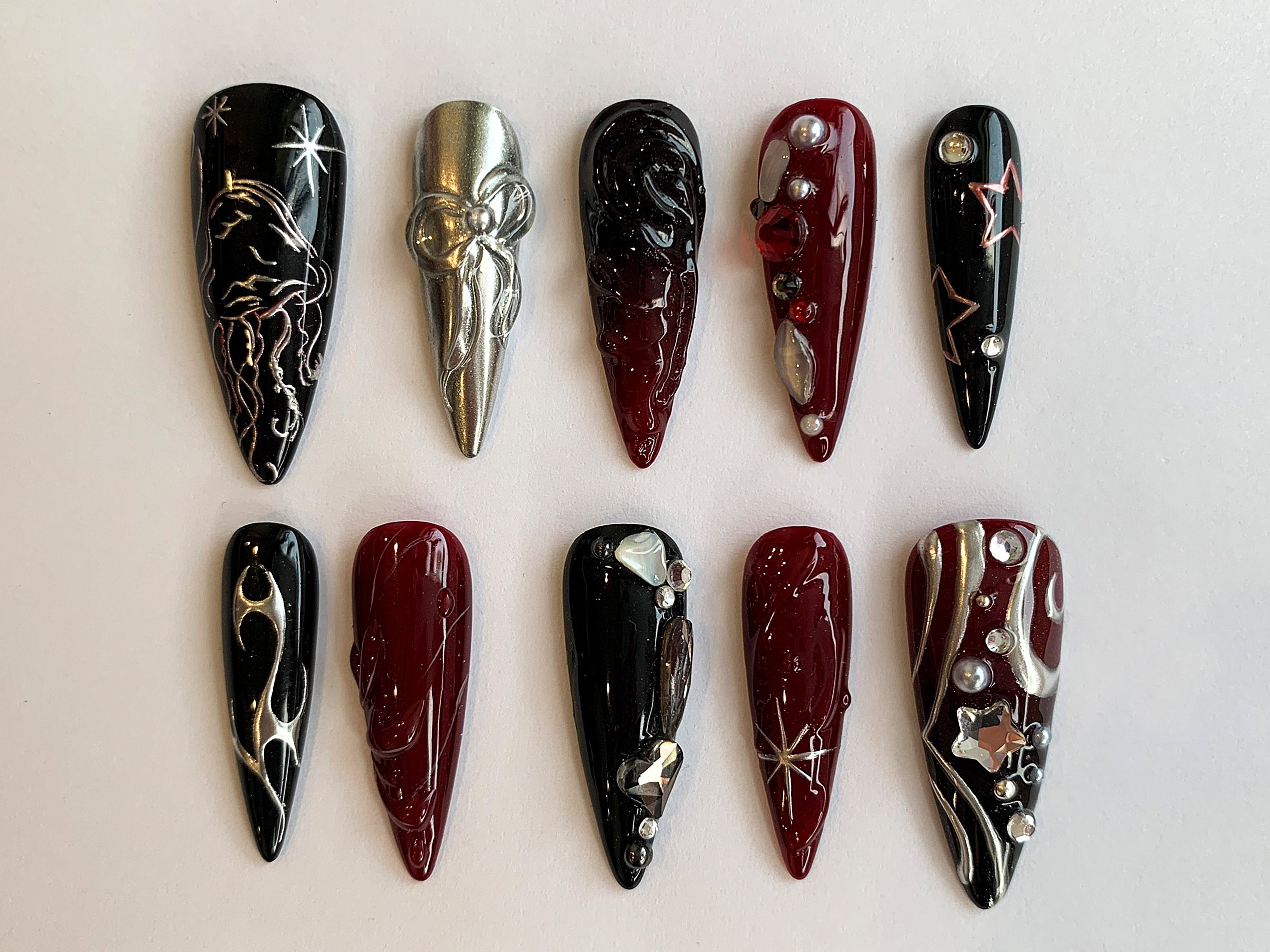 Luxury Black 3D Press On Nails | Red Press On Nails with Unique Design Nail Art | Y2k, Goth, Gothic Nails| Acrylic Nails Gift For Mom|JC248A