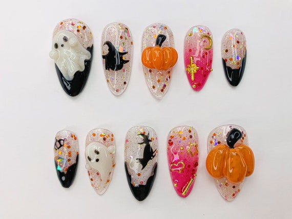 24 Halloween-Falschnägel – Mit Geister, Kürbis & Spinnennetz-Motiv, Kurz, Für Frauen