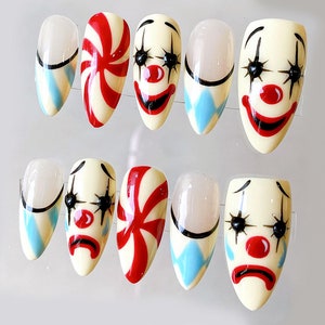 Ongles pressés Clown de mauvaise humeur Amande | Style d'ongles unique Impress | Designs de nuit de fête foraine | Autocollants colorés | Décoration d'ongles | JC269A image 3