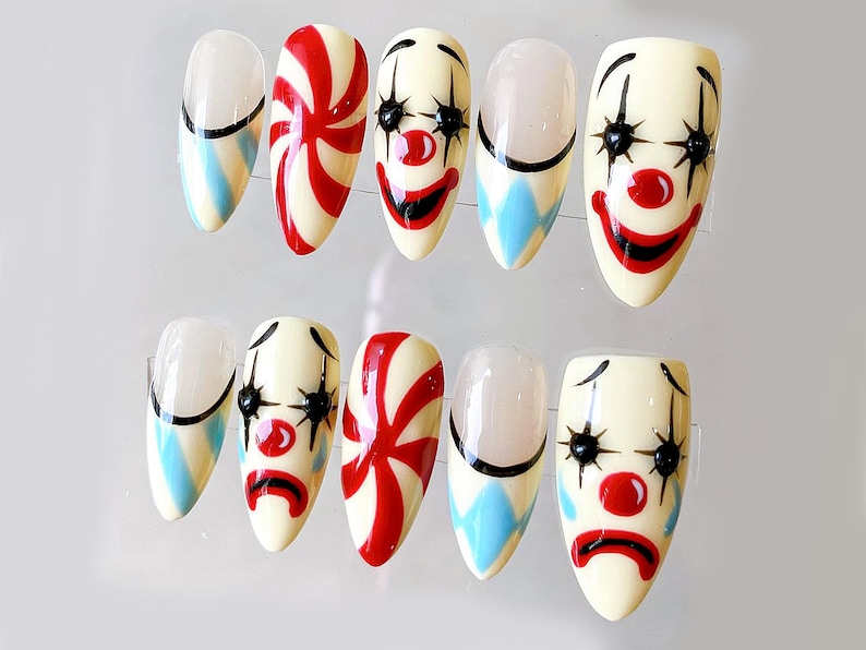 Ongles pressés Clown de mauvaise humeur Amande | Style d'ongles unique Impress | Designs de nuit de fête foraine | Autocollants colorés | Décoration d'ongles | JC269A image 3