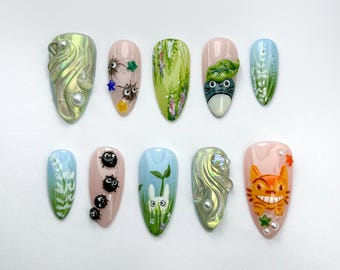 Wunderliche Totoro Drücken Sie auf die Nägel | Ghibli Totoro & Friends Nagel Set | Rußmännchen und Waldgeist Set | Handgefertigte Totoro Nail Art | JB742HK
