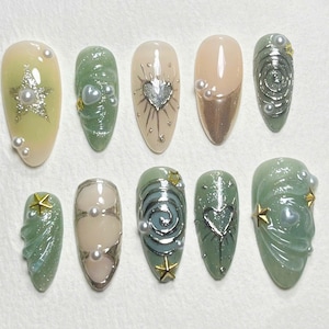 Luxus Press On Nails mit Sternen und Perlen | Schick und schimmernd | Benutzerdefinierte Kunstnagel-Set | Perfekt für besondere Anlässe |JC185S