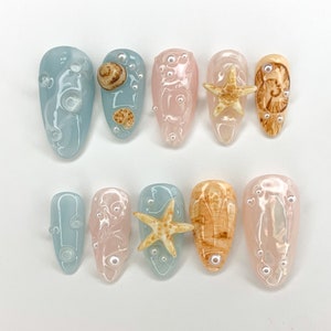 Ocean-Inspired 3D Press On Nails | Beach Theme with Seashells and Starfish | Handmade Press On Nails for Summer Vibes | JB297S