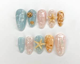 Ocean-Inspired 3D Press On Nails | Beach Theme with Seashells and Starfish | Handmade Press On Nails for Summer Vibes | JB297S