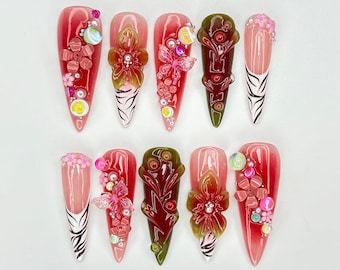 Bold Bloom Jungle Press On Nails | 3D Red Floral & Butterfly Nail Art | Zebra Print French Tips | Tropical Jungle Nail Design | JC925EK