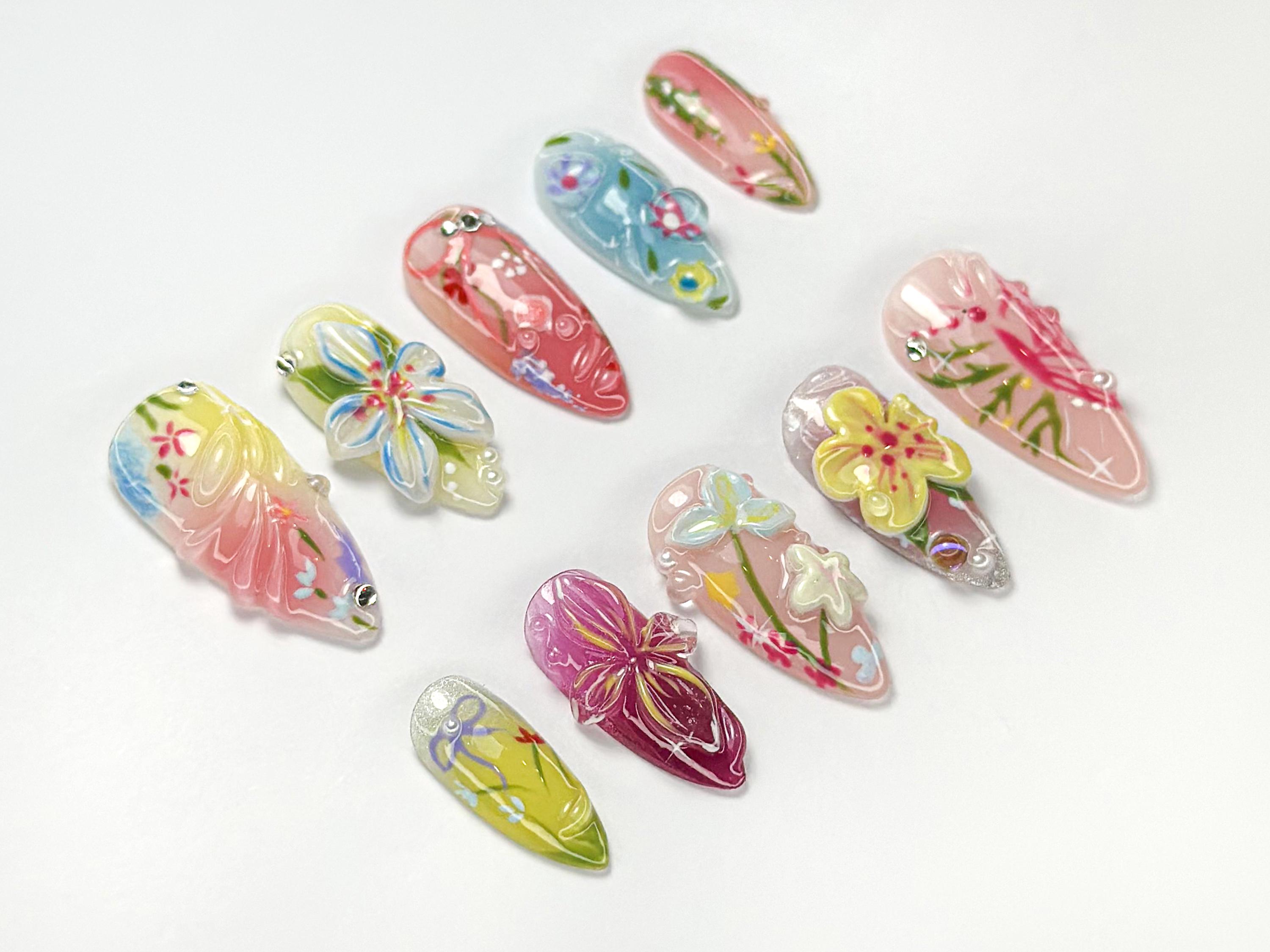 ハンドメイド プレスオンネイル カラフル スプリングガーデンブルームプレスオンネイル｜カラフルな花柄3Dネイル