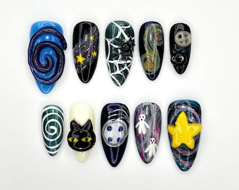 Spooky Galaxy Night Press On Nails | 3D Cute Halloween Nail Art | Black Cat & Ghost Nails | Glow Moon Star Nails | JB938EC