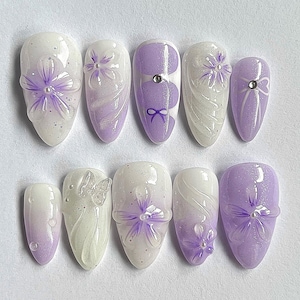Lavender Floral Press On Nails | Purple Ombre Nail Set | Dreamy Hand-painted 3D Flower Fairycore Nail Art | Perfect for Weddings | JC401A