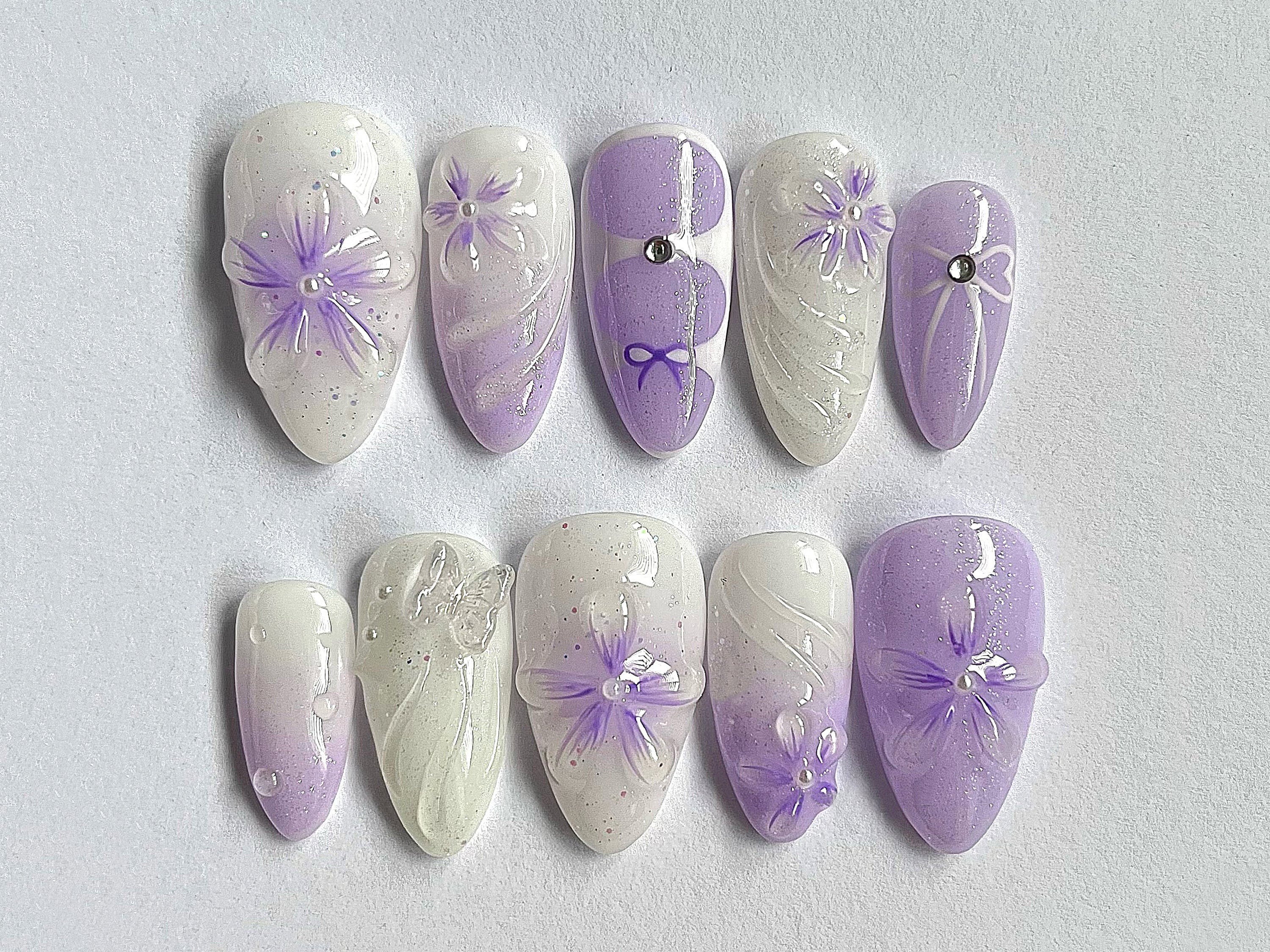 Lavender Floral Press on Nails | Purple Ombre Nail Set | Dreamy Hand-painted 3D Flower Fairycore Nail Art | Perfect for Weddings | JC401A - Etsy