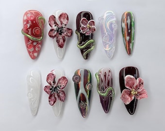 Luxury Floral Press-On Nails | Elegant 3D Blossom Nail Set | Unique Hand-Painted Press-On Nails with Floral Designs | Vibrant Nails |JB336AL