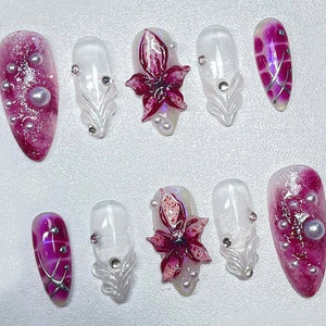 3D Trocken Orchidee Blumen Nägel | Lila Blumendruck auf den Nägeln | Atemberaubendes Custom Nagelset mit handgemalter Blume | Verträumter Feenkern Nagel |JC303A