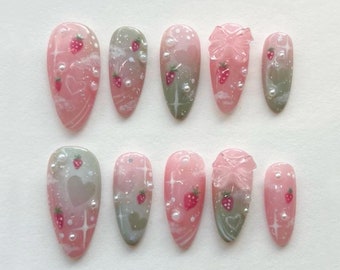 Dreamy Strawberry Garden Press On Nails | Stand Out with 3D Gel Nail Set | Dreamy Garden on Your Fingertips | JC188S