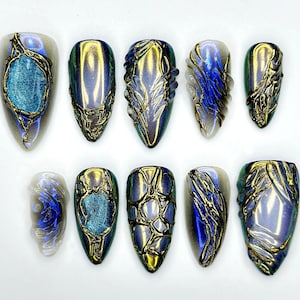Midnight Armor Press On Nails | Metallic Dragon Scale Nail Art | 3D Fantasy Sculpture Nails | Gothic Iridescent Tips | JC939EK