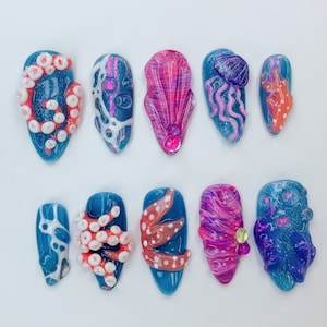 Ocean-Inspired 3D Press On Nails | 3D Jellyfish and Floral Art | Hand-Painted Underwater Press On Nails | Beautiful Ocean-Themed | JB474SL