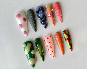 Colorful Nature Press On Nails | Free Style 3D Gel Almond Nails | Trendy Nail Set | Drop Gel Fake Nails | Express Your Style | J124