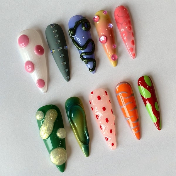 Colorful Nature Press On Nails | Free Style 3D Gel Almond Nails | Trendy Nail Set | Drop Gel Fake Nails | Express Your Style | J124