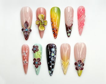 Tropical Sunset Floral Press On Nails | Vibrant Gradient Nail Art | 3D Island Flowers & Ombre Tips | Handmade Summer Nails | JC796HK