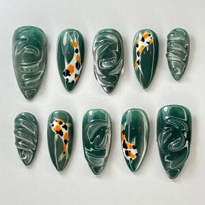 Luxury Koi Fish Press On Nails | Nature-Inspired Nails | Artistic Nail Set | Glossy Handcrafted Press-Ons | Green Swirl Nail | JB707HK