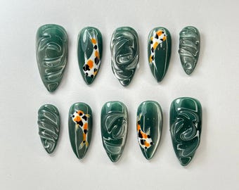 Luxury Koi Fish Press On Nails | Nature-Inspired Nails | Artistic Nail Set | Glossy Handcrafted Press-Ons | Green Swirl Nail | JB707HK