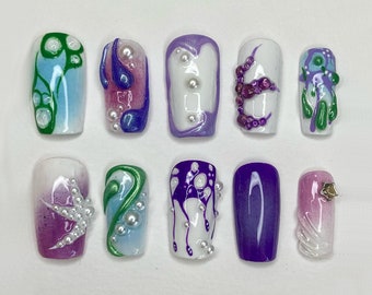 Marine Ocean-Inspired Press On Nails Almond | 3D Beach Theme with Seashells and Starfish | Handmade Press On Nails for Summer Vibes | JB348A