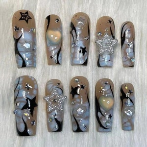 Sparkling Star Press On Nails | Unique Colorful Freestyle Handpainted Kawaii Nail Art | Heart and Star in Fake Nails | Luxury Nails| JC54S