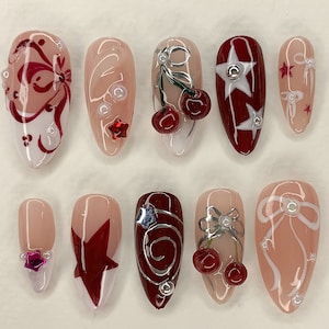 Red Cherry Blossom Nails | Cute Red & White Press On Nails | Y2K Star Style Nail Set | Christmas, Summer, Holiday Nail Art | Gift | JC456AV