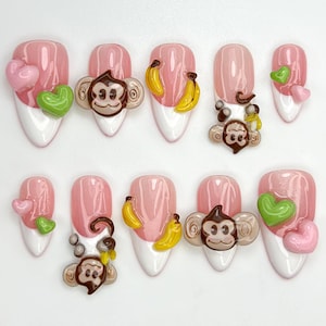 Uñas postizas rosas de mono adorable / Uñas de mono plátano 3D adorables / Uñas de corazón rosa y verde / Estilo jungla kawaii / Uñas de dibujos animados / JB811HC