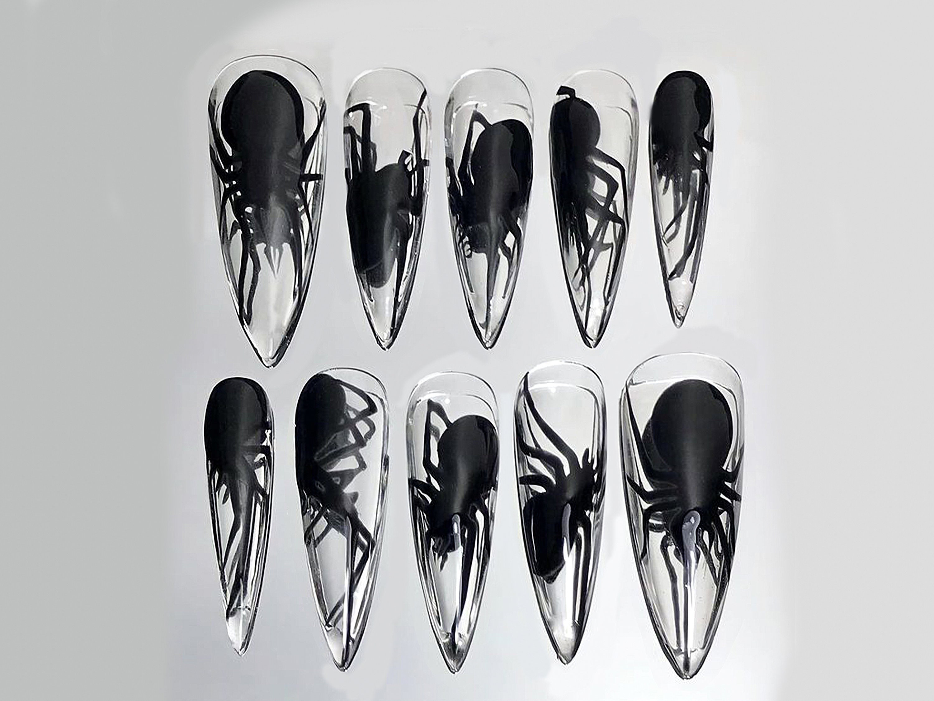 Custom Black Dark Press On Nails | Halloween Gothic Punk Rock Nails | Goth Y2K 3D Spider On Fake Nails | Free Style Almond Nails | JC429A