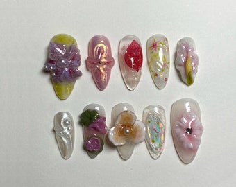 3D Dry Orchard Flower Press On Nail | Custom Handpainted Acrylic Spring Fake/False Nail | Floral Nails | Fairy Tale Fairycore Nails | JB101A