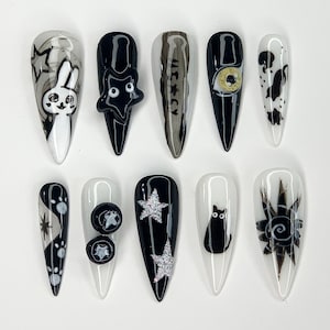 Cat Lover Press On Nails Almond | Lovely Bunny Nail Style | Y2K Style Black White Nail Set | Eyes Motif Fake Nails | JC265A