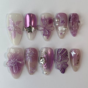 Unhas postiças/de pressão de flor de pomar seco 3D | Unhas postiças/de acrílico pintadas à mão personalizadas de primavera roxa | Unhas florais | Unhas Fairycore | JB128A