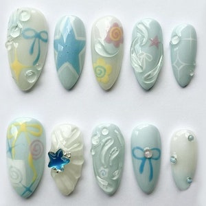 Free Style Autumn Color Short Almond Press On Nails Goth | Handpainted Gothic Fake Nails | Y2K Emo for Birthday Party Holiday Nails | JC164S