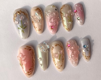 Dreamy Flowers Press On Nails Almond | Jelly Pastel Tulip Nail Art | 3D FairyCore Flower Press Ons | Romantic Nail Art in Fake Nails | J176
