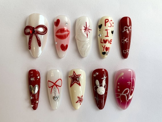 Valentine Elegance Press on Nails | White and Red Nail Set With