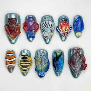 Aquarium Fish Press On Nails | Custom 3D Tropical Fish Nails | Colorful Underwater Sea Nails | Cute Aquarium Nail Art | JA906HK