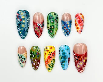 Colorful Abstract Press On Nails | Colorful Modern Art Nails | Textured Dotted Nail Art | Artistic Handmade Tips| Festival Nail Set| JB898HK