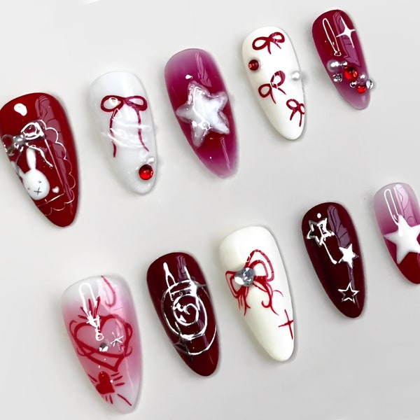 Y2k-Inspired Press On Nails | Y2k Nail Set with Elegant Motifs | Red and White with Unique Chrome Designs | J12