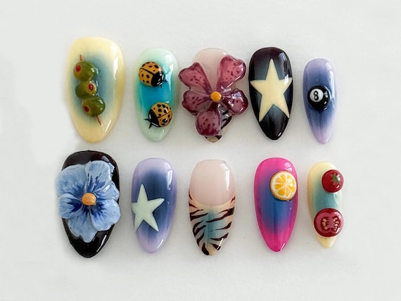 Whimsical Nature Mix Long Almond Nails | Durable and Stylish False Nails | Vegan and Cruelty-Free Nail Set | Unique Nail Art | JB526H