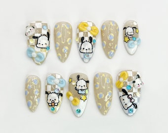 Uñas postizas con forma de cachorro kawaii / Diseño de uñas con personajes adorables / Juego de uñas con dibujos animados hecho a mano / Uñas kawaii en 3D / Diseño de uñas hecho a mano / JC672HC