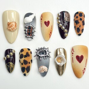 Western Inspired Press On Nails | Playing Card & Leopard Mix Set | Surreal Gold 3D Press On Nails | 3D Gothic Press On Nail Set | JB780HK