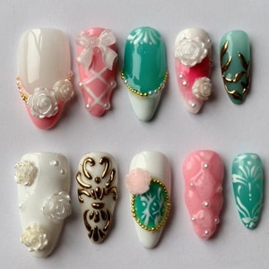 Morning Blossom Almond Flowers Press On Nails | Fairy Tale Inspired Fake Nails | Green Nails Art | Gifts for Her | JC139S
