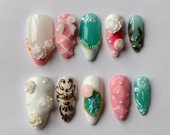 Morning Blossom Almond Flowers Press On Nails | Fairy Tale Inspired Fake Nails | Green Nails Art | Gifts for Her | JC139S
