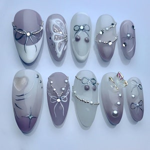 Unhas de pressão de borboletas 3D | Unhas falsas/de acrílico pintadas à mão personalizadas, primavera roxa | Unhas roxas | Unhas Fairycore | JC148S