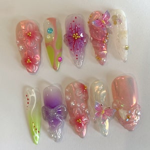 Secret Garden Press On Nails | Long Almond Flowers Nails | Butterfly Charms | Fairy Tale Inspired Fake Nails | Holiday Nails Art | JB252SL