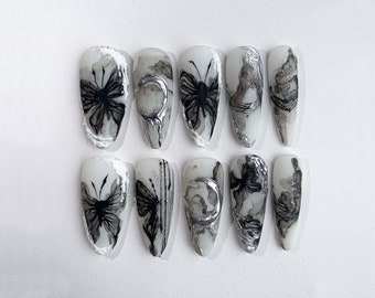 Butterfly Rough Press On Nails | 3D Custom Handpainted Black Designs in Fake Nails | Antique China Painting Book Vibe | Absract Nails|JC109A