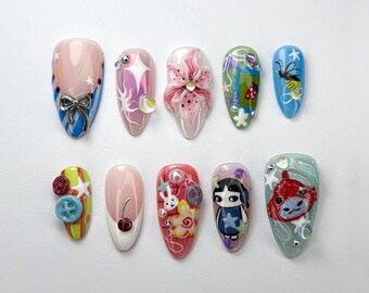 Kawaii Cartoon Press-On Nails | 3D Cute Fantasy Nail Art | Cartoon, Fantasy Style | Fun & Playful Nail Set | Whimsical Kawaii Nail | JB712HC