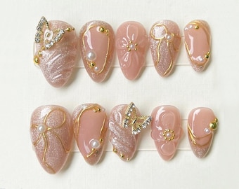Glamorous Pink Press On Nails | Gold Butterfly Press On Nails with Pearls and Flowers | Stand Out with 3D Gel Nail Set | JC192S