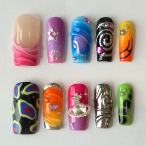 3D FreeStyle Press On Nails | Colorful Handpainted Short Long Almond Press On Nails|3D Raised GelXNails| Acrylic Nail Set|Fake Nails|JC129SK