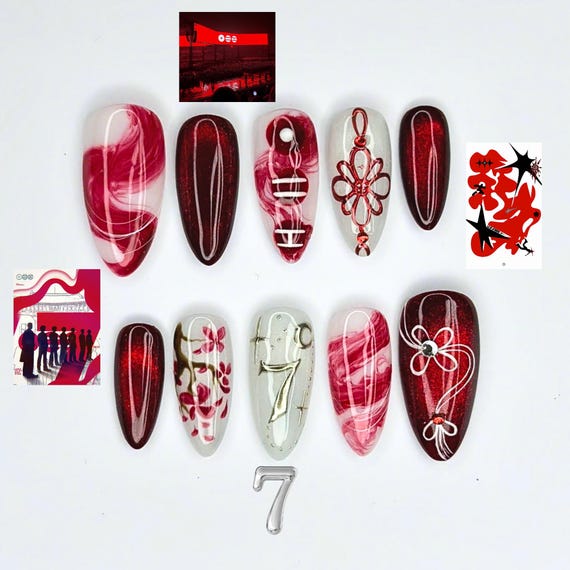 Kpop Concert Press On Nails, Concertcore Nails, Burgundy Chrome Nails, Idol Inspired Press On Nails, Stage Performance Nail Art, JC452UC